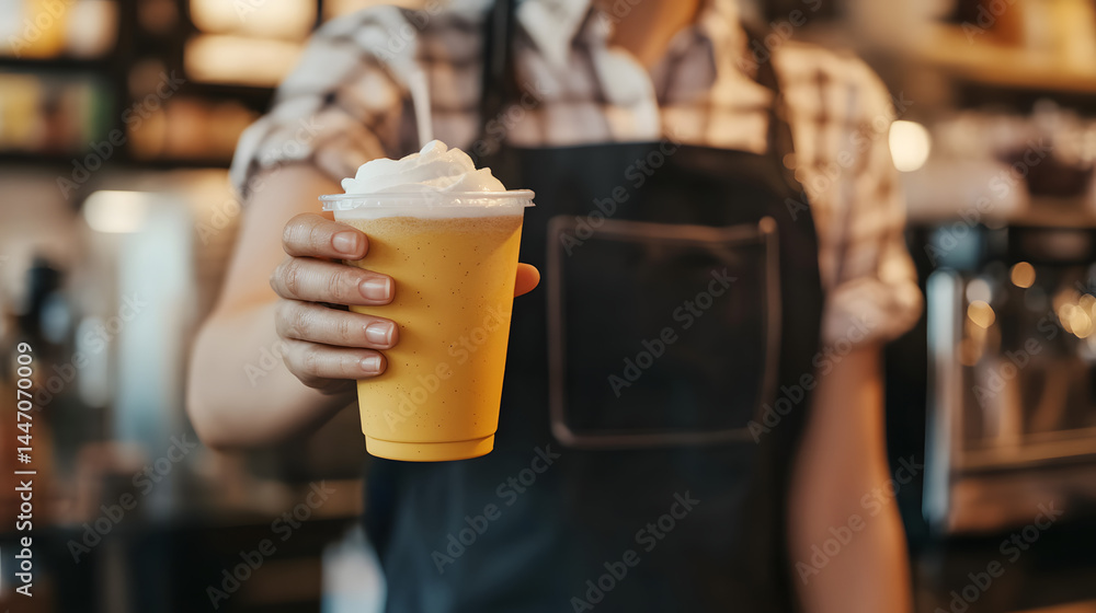 barista handing a smoothie in a compostable cup to a customer in a zero-waste café environment barista handing a smoothie in a compostable cup to a customer in a zero-waste café environment