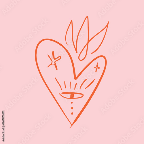 Vintage burning heart with eye postmodern freaky cool funny doodle sacred Valentines love doodle character. Hand-drawn illustration of holy fire. Antique vintage retro vibe inspired poster or postcard