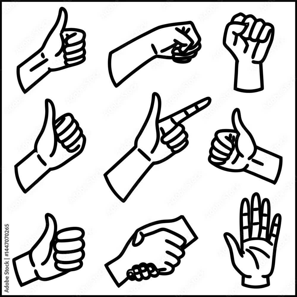 Fototapeta premium Set of hand gesture icons showing different hand symbols for communication, including thumbs up, thumbs down, fist, and palm signs in a simple vector design
