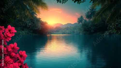 Serene lake at sunset surrounded by lush green trees reflecting vibrant light in a tranquil scene creating a calming natural vista scenery
