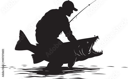 Silhouettes of Men and Dogs Fishing