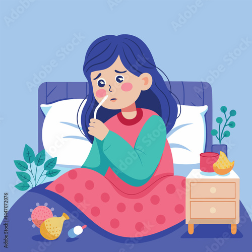 Fighting the flu. The girl is in a warm bed, being treated
