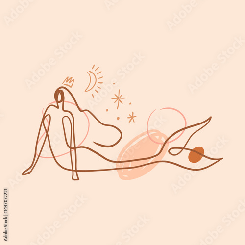 Minimalistic terra-cotta palette mermaid silhouette undine modern abstract linear painting, seamaiden icon and logo elements, graphic outline style for surf or spa and yoga studio. Vector line water