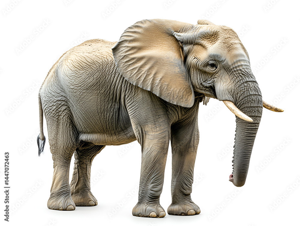 Obraz premium A big gray elephant, a wild mammal isolated on white, showcases its trunk and tusks