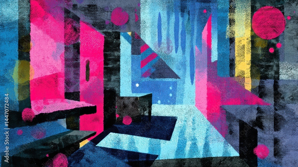 Fototapeta premium Abstract Geometric Expressionism with Vibrant Pink Blue Yellow and Black Colors in Modern Art Style