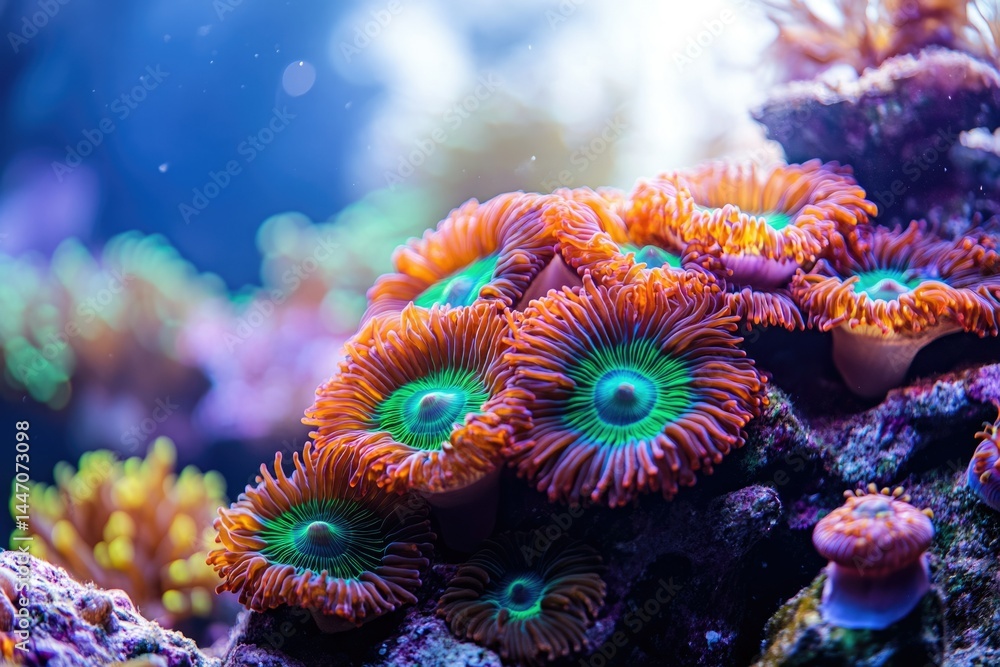 Fototapeta premium Vibrant coral polyps in a reef aquarium, showcasing their intricate structures and beautiful colors.