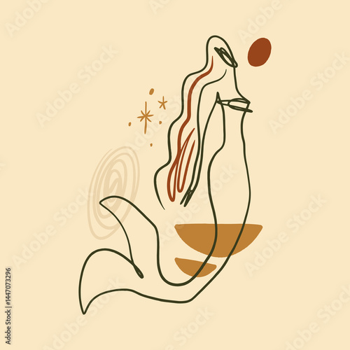 Photos Minimalistic terra-cotta palette mermaid silhouette undine modern abstract linear painting, seamaiden icon and logo elements, graphic outline style for surf or spa and yoga studio
