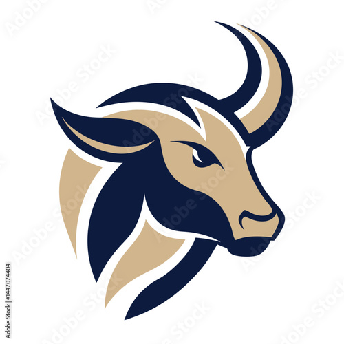 illustration presents a formidable bull head in navy and tan on transparent backdrop