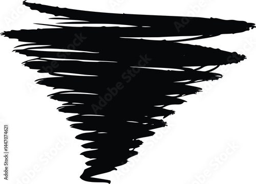 Intense black tornado silhouette spirals powerfully against the stark white backdrop, isolated on a transparent background