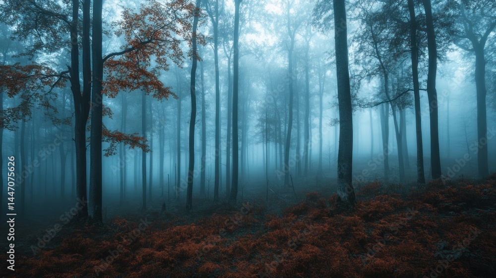Naklejka premium Enigmatic Autumnal Fog: A Mystical Forest Landscape