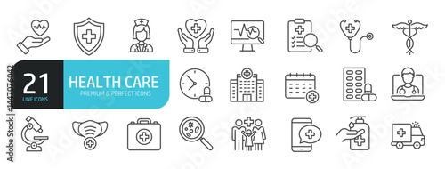 Set of line icons related to Healthcare, medical, hospital. Outline icons collection. Editable stroke. Vector illustration