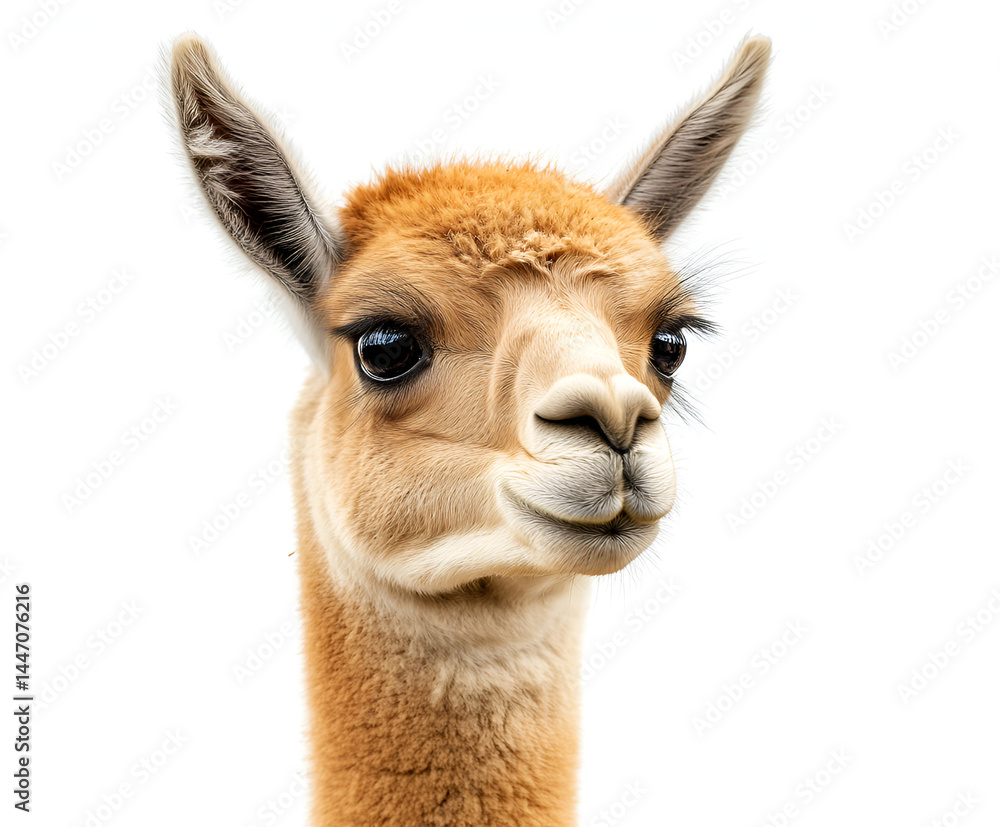 Obraz premium A close-up portrait captures the furry head and ears of a brown llama, a South American camelid related to the alpaca