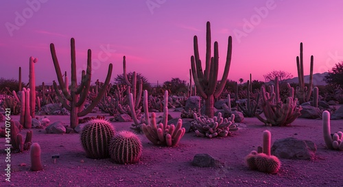A surreal desert landscape bathed in vibrant purple hues at dusk, showcasing a variety of cacti silhouettes.