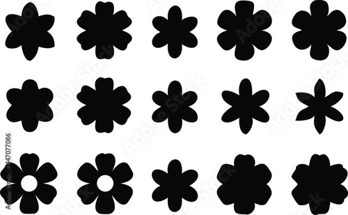 Row of stylized black flowers with varying petal counts shows organic symmetry against white