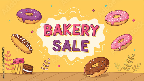 Design a vibrant vector banner advertising a bakery sale, featuring playful cartoon donuts flying dynamically.  Include enticing text for the sale.