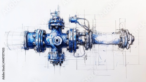 Wallpaper Mural Conceptual illustration of industrial pipeline components with detailed mechanical structures in vibrant blue Torontodigital.ca