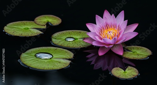 A beautiful pink water lily blooms serenely amidst lily pads with delicate water droplets, reflecting on the dark water.