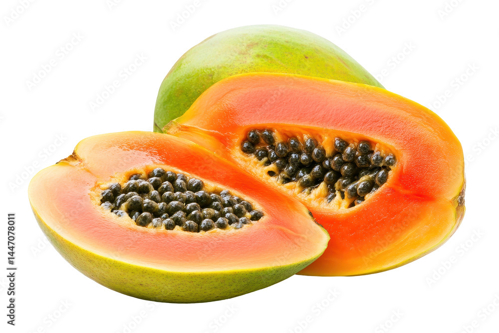 Two segments of a papaya, showcasing the vibrant orange flesh and numerous dark seeds. The fruit appears fresh and healthy. Two segments of a papaya, showcasing the vibrant orange flesh and numerous dark seeds. The fruit appears fresh and healthy.