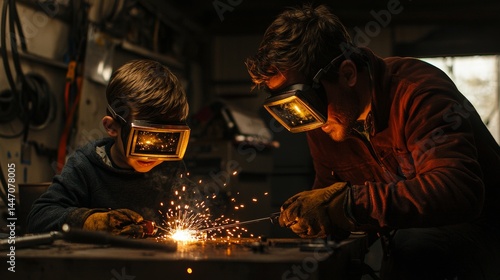 Father and son working together in a workshop creating sparks while welding at dusk