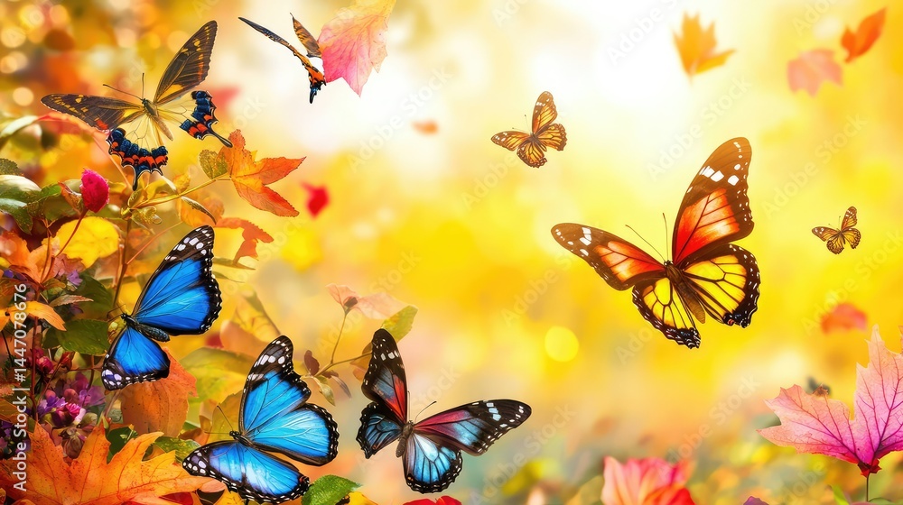 Peaceful Earth scene with butterflies and autumn leaves, vivid yellow backdrop Peaceful Earth scene with butterflies and autumn leaves, vivid yellow backdrop