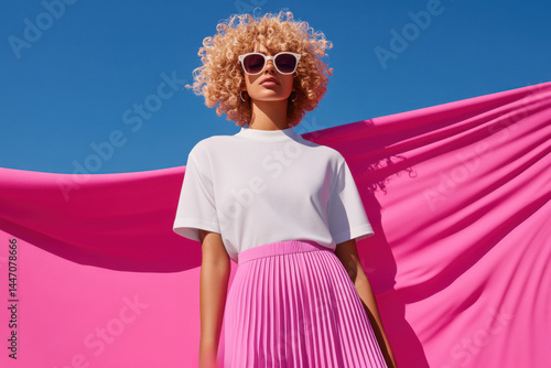 Fashion model posing with flowing pink fabric and blue sky