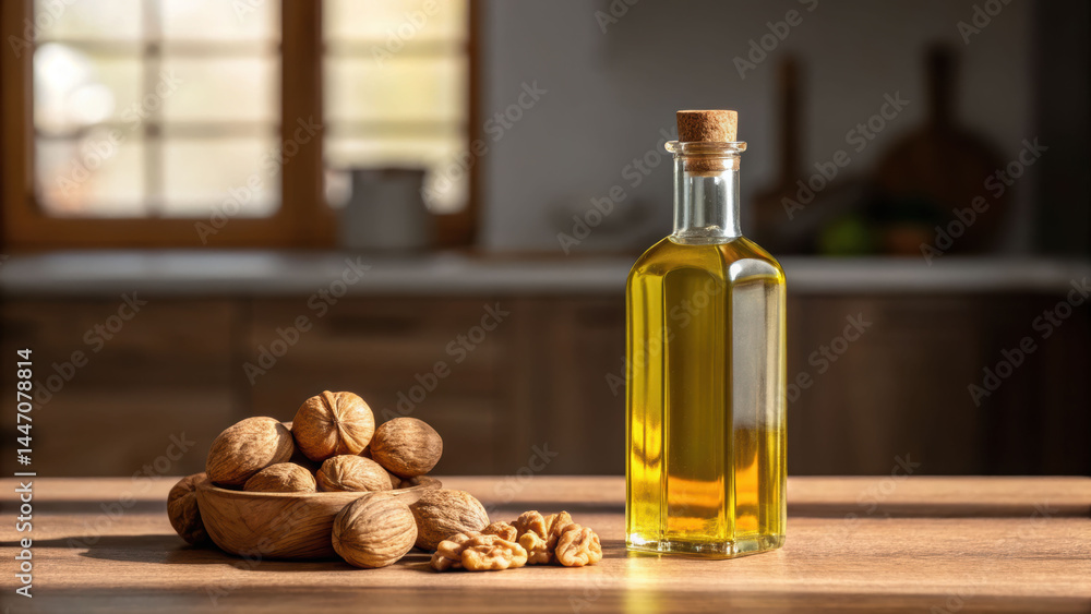 Nutritious walnut oil in glass bottle rustic kitchen setting natural ingredients warm atmosphere Nutritious walnut oil in glass bottle rustic kitchen setting natural ingredients warm atmosphere
