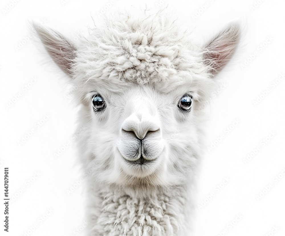Obraz premium A cute white alpaca, a furry mammal related to the llama (Lama glama), shows its head in a close-up portrait