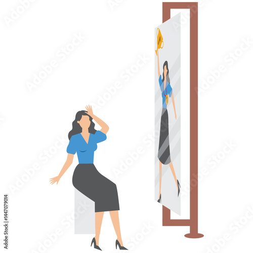 Mental psychology concept.woman looking shadow her self on mirror with,Doubt, low self-esteem