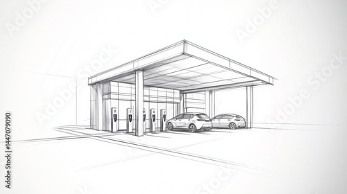Electric vehicle charging station design sketch featuring multiple charging points and modern architecture