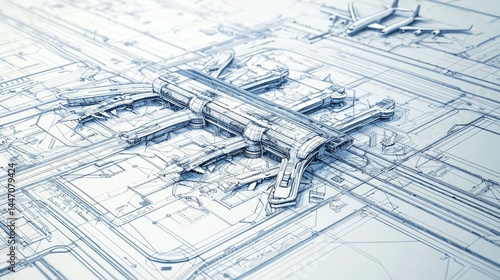 Architectural blueprint of a modern airport layout showcasing runway and terminal design elements in a precise sketch format