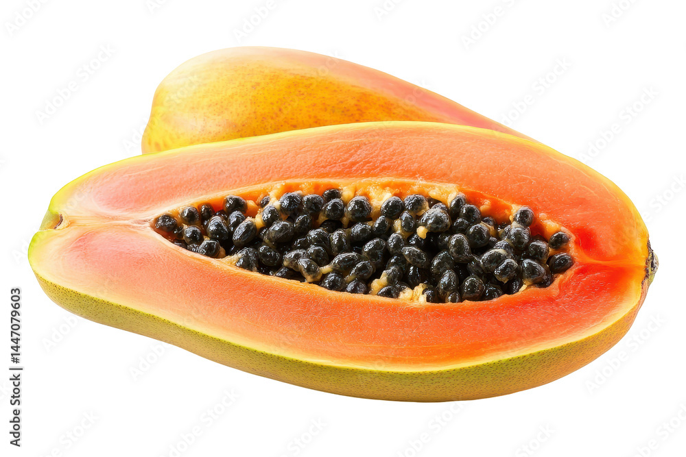 Vibrant close-up presentation of a halved papaya, showcasing its orange-yellow flesh and black seeds. The image emphasizes the ripe condition of the fruit. Vibrant close-up presentation of a halved papaya, showcasing its orange-yellow flesh and black seeds. The image emphasizes the ripe condition of the fruit.