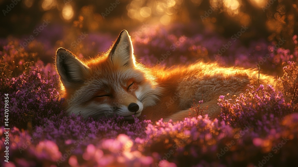Fototapeta premium Serene slumber of a fox amid a vibrant field of blooming heather at twilight capturing an essence of peacefulness in the wilderness nature