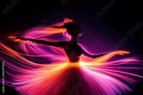 A digital ballet dancer gracefully moves, leaving behind radiant light trails that enhance the feeling of fluidity and motion in a vibrant display