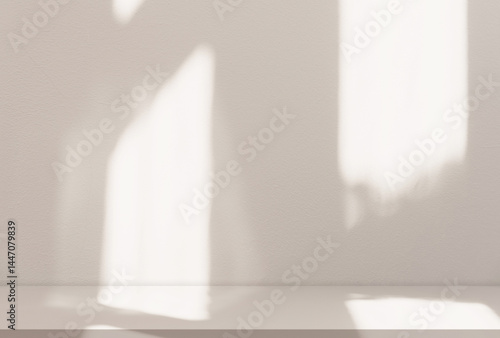 Fototapeta Naklejka Na Ścianę i Meble -  Brown background,Studio wall with shadow on podium for product display,Empty interior kitchen room with light on 3d beige floor,Backdrop background mockup scene blur sunlight gradient on cream colour