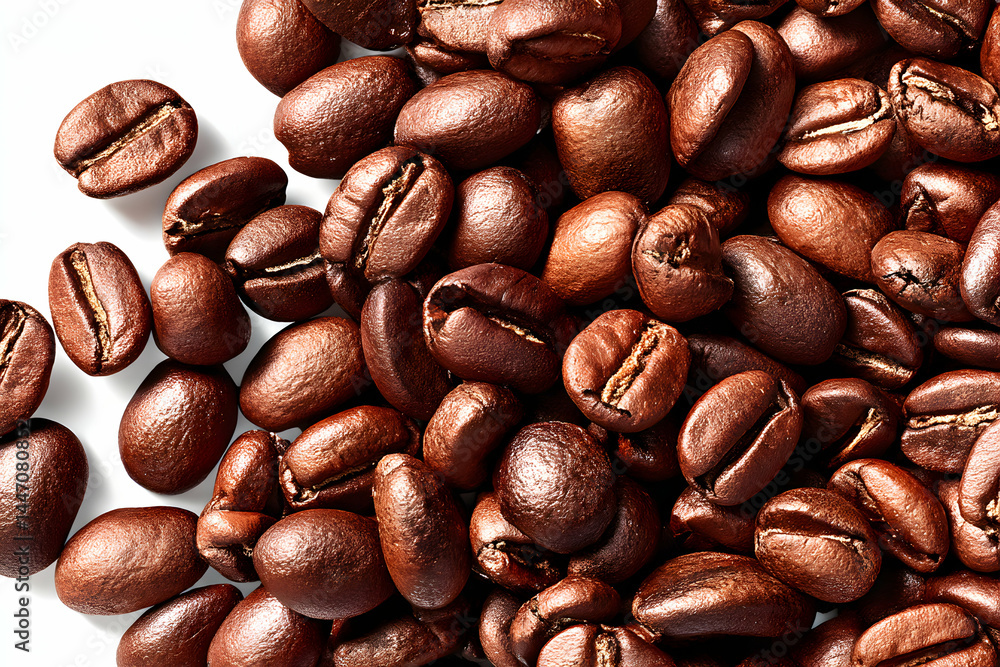 Fototapeta premium Roasted brown coffee beans, closely arranged, fill frame. Minimal background