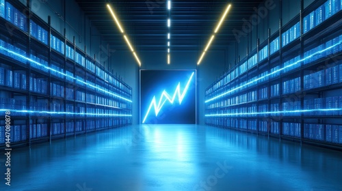 Futuristic library with neon glow and upward trend