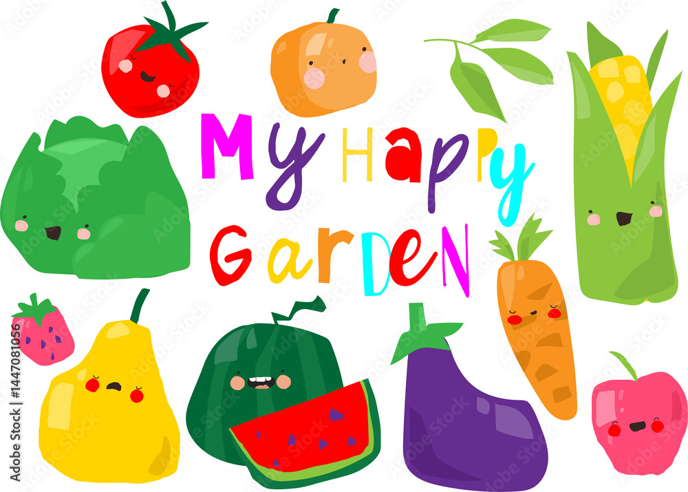 Vector Set of Cute Cartoon Fruits and Vegetables