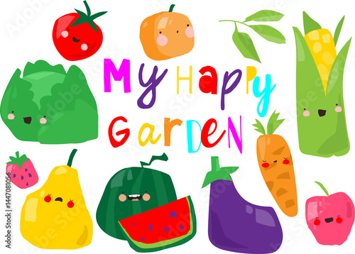 Obraz na płótnie Vector Set of Cute Cartoon Fruits and Vegetables w salonie