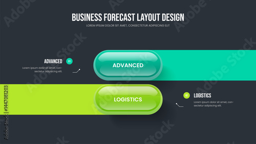 Consulting Forecast Presentation Layout Vector Illustration. Corporate Strategy Two Element Infographic Slide Template. Investor Analysis 2 Option Diagram Slideshow Design.