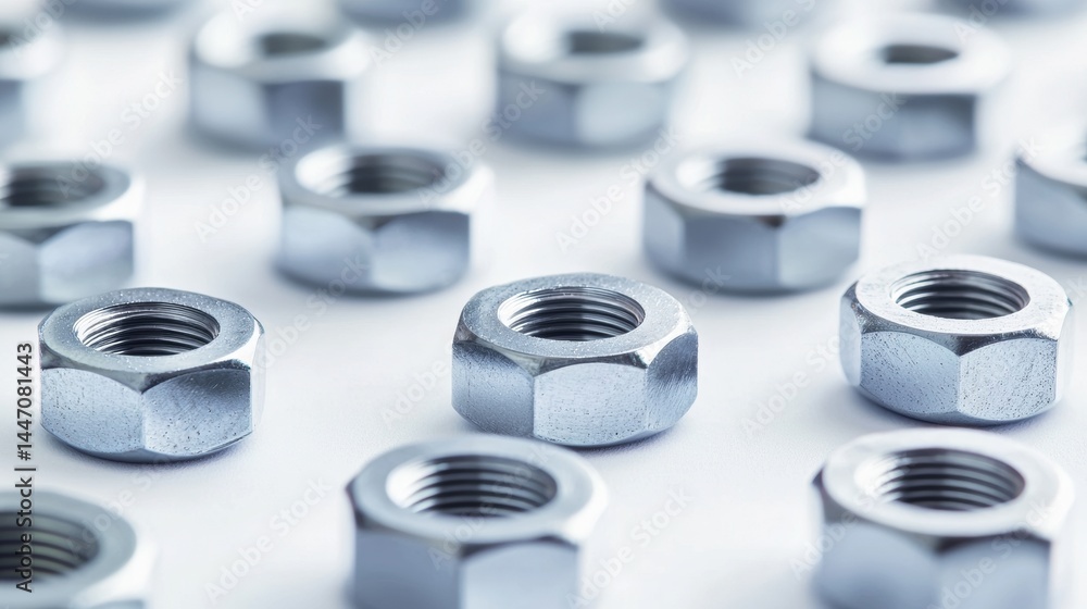 Metallic nuts arranged in a pattern on a white surface highlighting their shiny finish and detailed threading Metallic nuts arranged in a pattern on a white surface highlighting their shiny finish and detailed threading