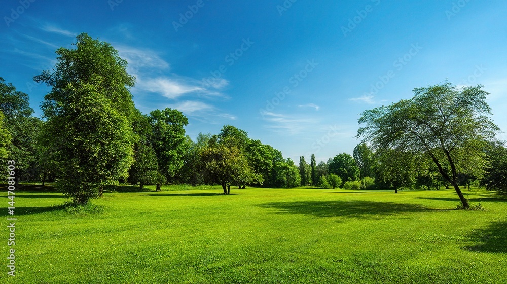 Bright Green Lawn Surrounded by Lush Trees Under Clear Blue Sky Bright Green Lawn Surrounded by Lush Trees Under Clear Blue Sky