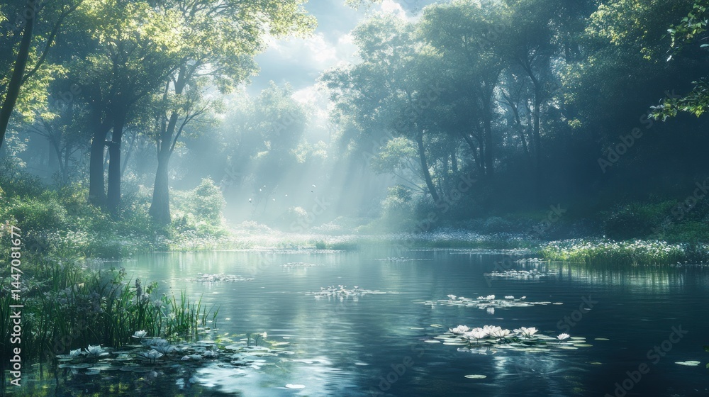 Obraz premium Enchanted Forest Lake: A Serene Morning in Nature's Embrace