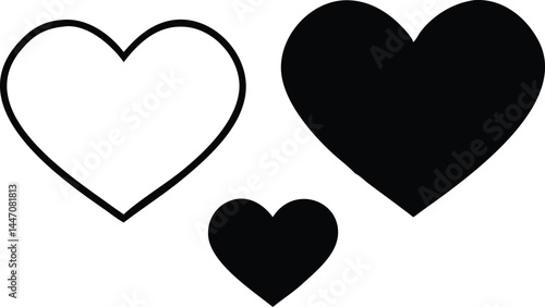 Three hearts, one outline and two solid, appear isolated against white
