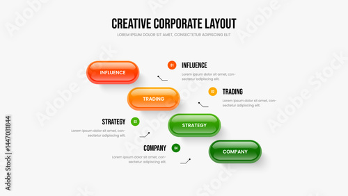 Financial Strategy Four Element Infographic Presentation Design. Creative Analysis 4 Option Diagram Frame Layout. Corporate Review Slide Template Vector Illustration.