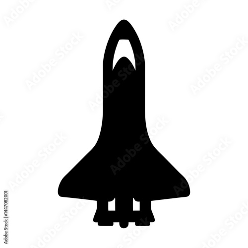 Black silhouette of a space shuttle launching upward on a white background