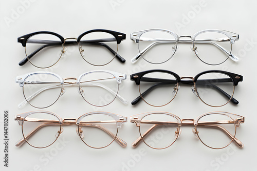 Six pairs of half-frame glasses in varied colors lined up on a white surface with neutral background