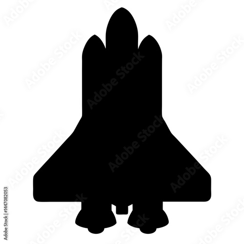 Bold black silhouette of a space shuttle soaring through the cosmos