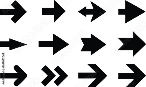 Twelve black arrow icons with varied forms point toward the right direction and orientation