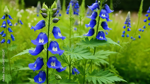 Aconitum napellus, also known as Monkshood or wolf's bane, a poisonous perennial herb, growing in an English cottage garden