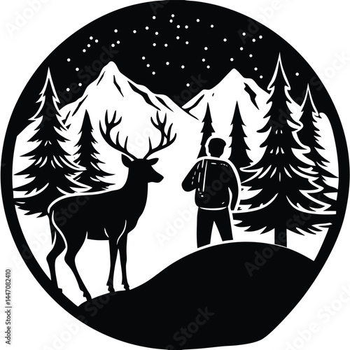 Hiking Vector Silhouette illustration Animal silhouette (deer or bear) watching hiker